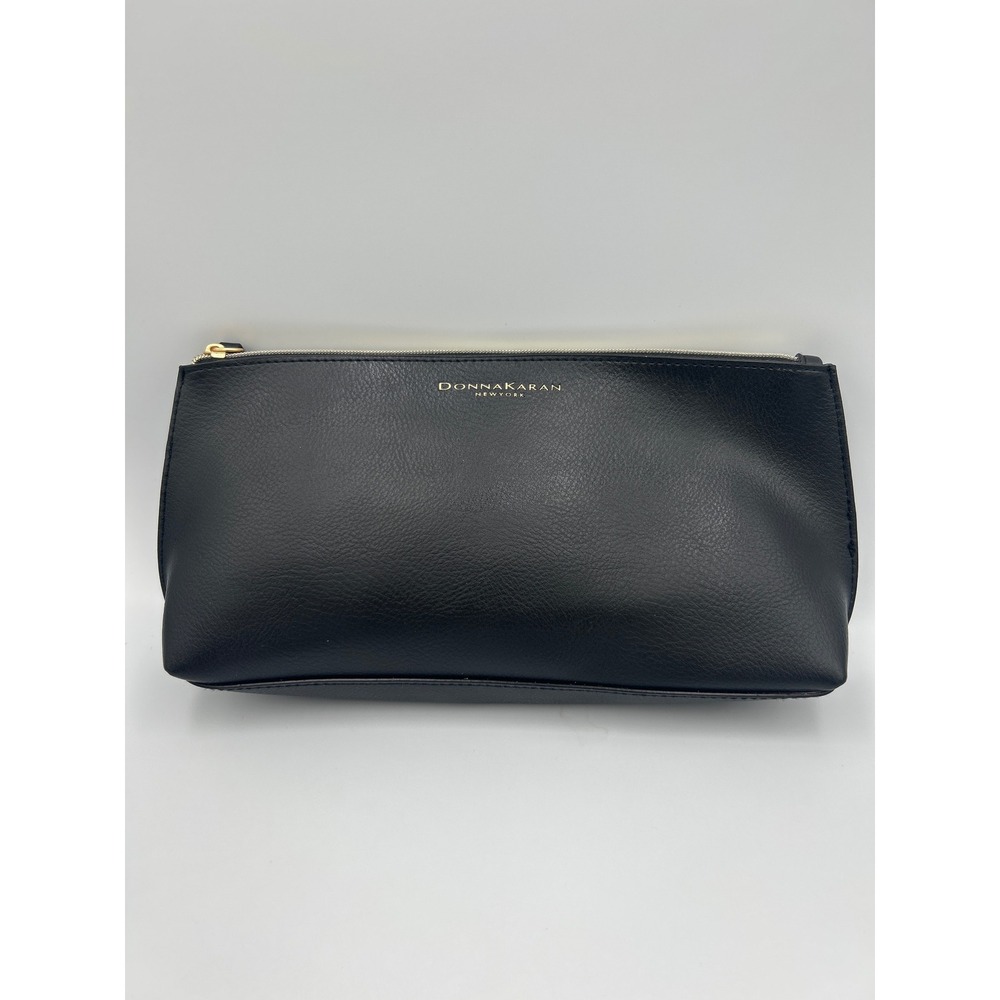 Donna Karan‎ New York Black Pebbled Faux Leather Cosmetic Bag Gold Zip Pouch